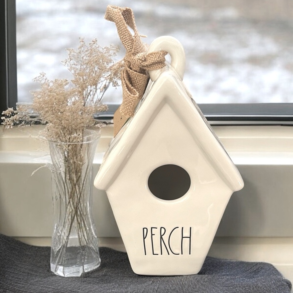 NWT RAE DUNN Ceramic White PERCH Birdhouse Double-sided Bird Home Decor